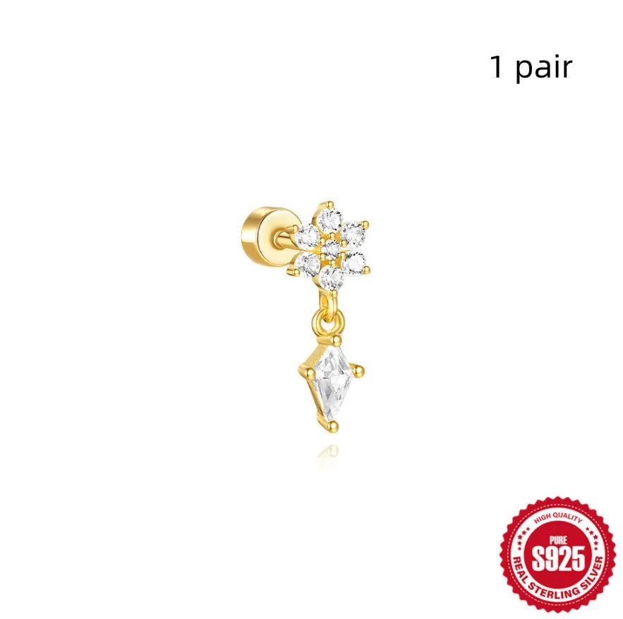 S925 sterling silver flat column geometric ear bone studs with thread detail in a gold colour finish