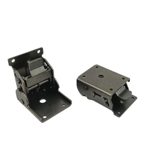 Close-up of a self-locking furniture folding hinge in an electroplated finish, set at a 90-degree angle.