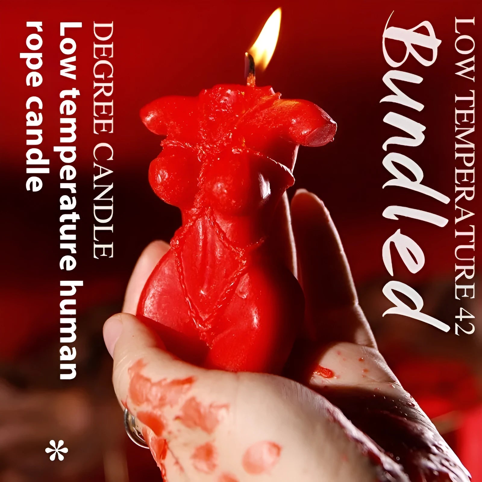 A bikini-shaped low temperature candle made from soy wax, shown in rose red, spring pink, and lilac purple colour options.