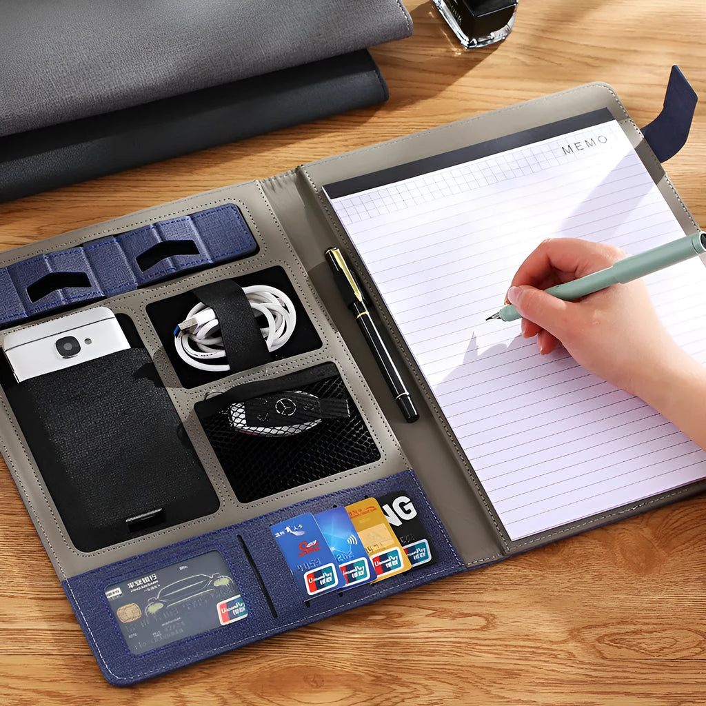 Leather A4 business folder organiser with pen and notepad accessories in black colour