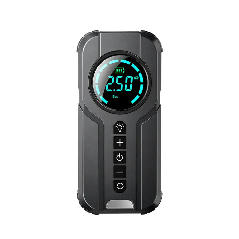 Black wireless portable car air pump with digital display, 6000mAh battery, and accessories including nozzles and power cord on a grey background.