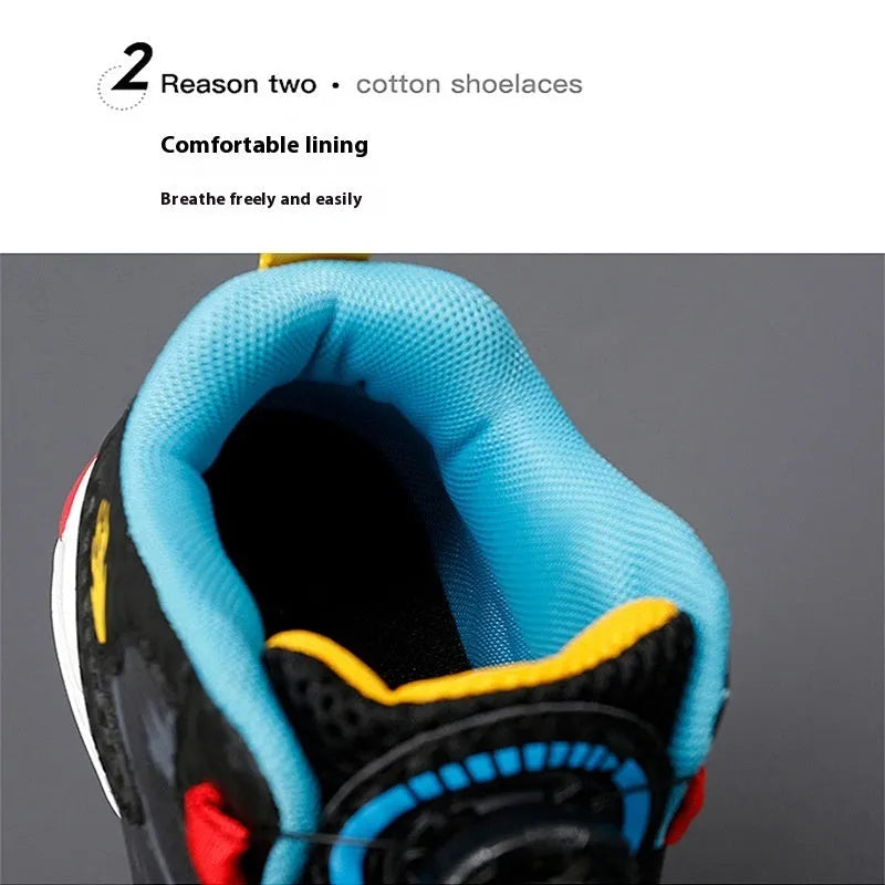 Kids rotating button basketball shoes in black, available in sizes 28 to 40.
