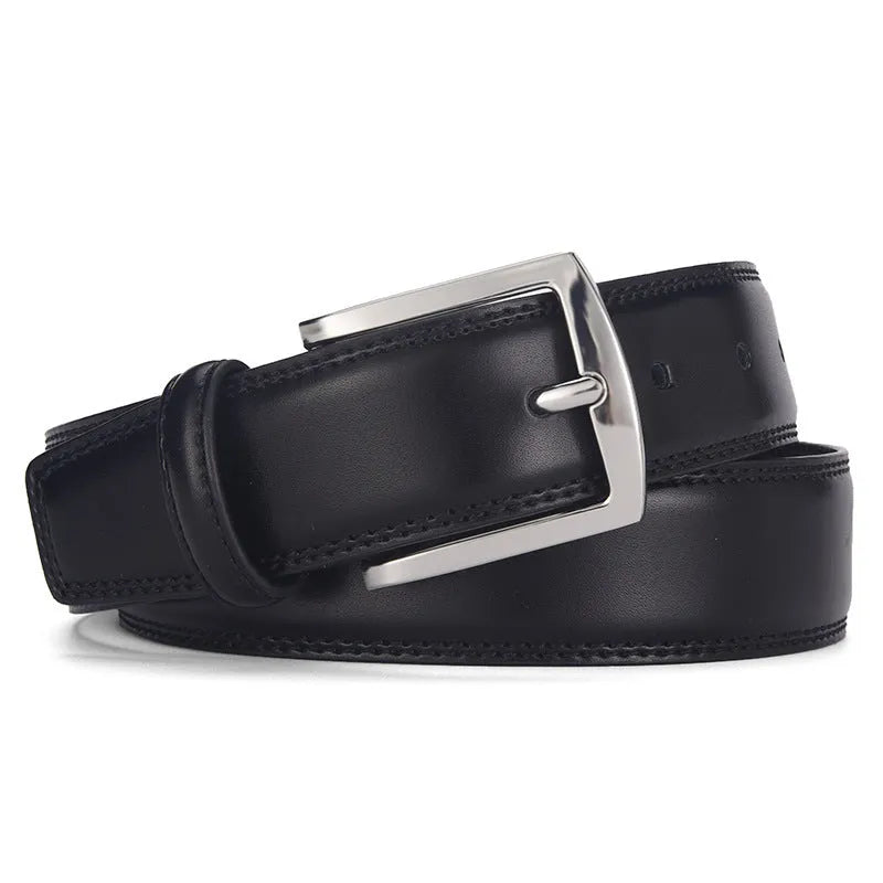 Men's black leather belt with an alloy pin buckle on a white background