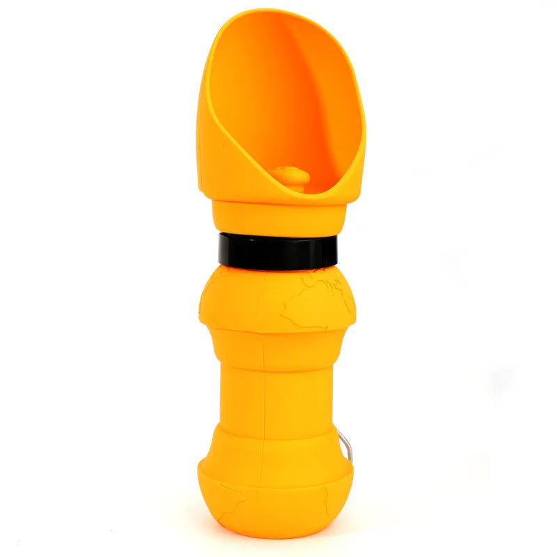 Collapsible silicone pet water cup shown in folded and open positions, available in various colours.