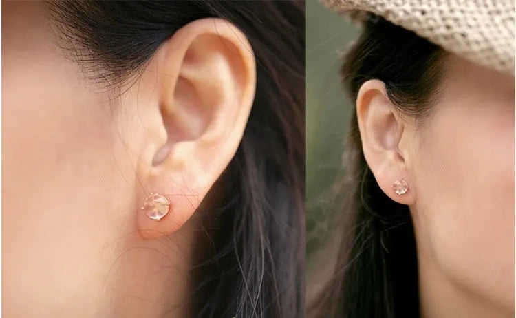 Rose gold Korean style stud earrings with synthetic Ross quartz and crystal inlay in drop shape