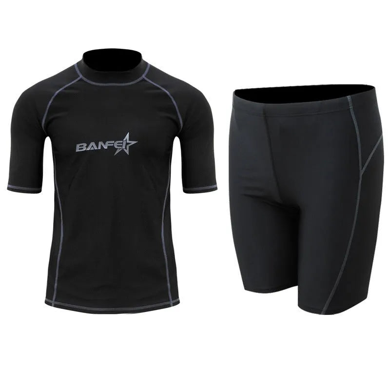 Men's navy blue half sleeve swimsuit top and pants set for swimming