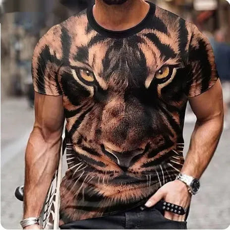Men's grey t-shirt with dimensional 3D lion graphic print on front