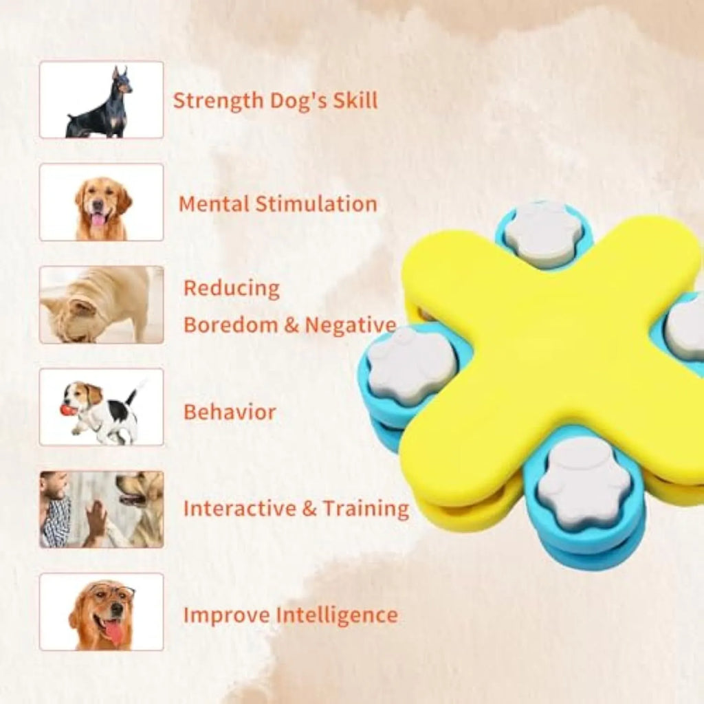 Yellow three-layer rotating dog puzzle feeder with anti-slip base for slow feeding and mental stimulation