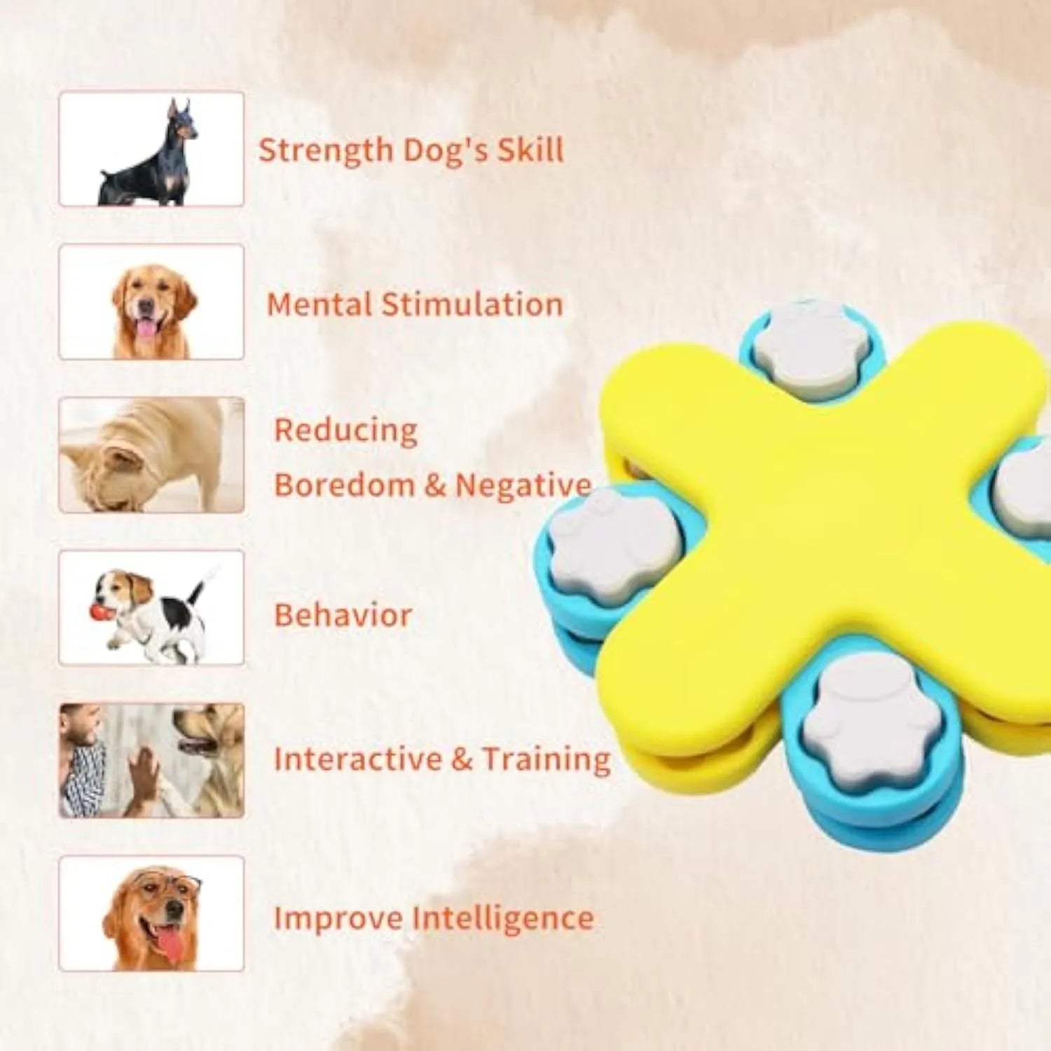 Yellow three-layer rotating dog puzzle feeder with anti-slip base for slow feeding and mental stimulation