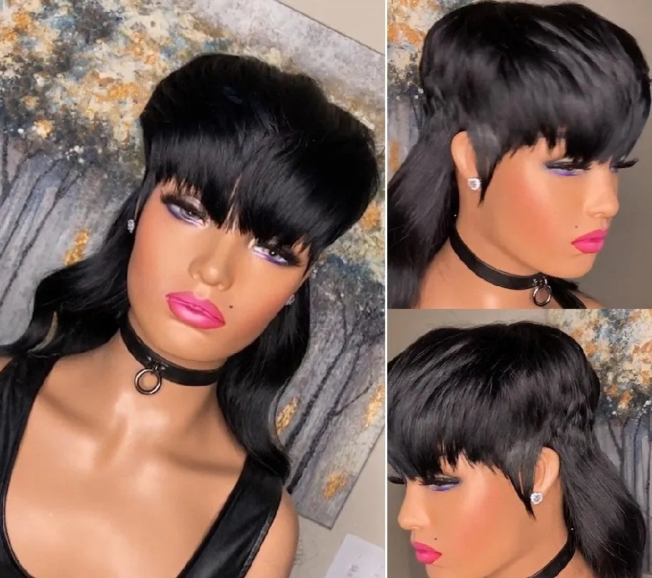 Black Brazilian wig with short bangs at the front and long hair at the back.
