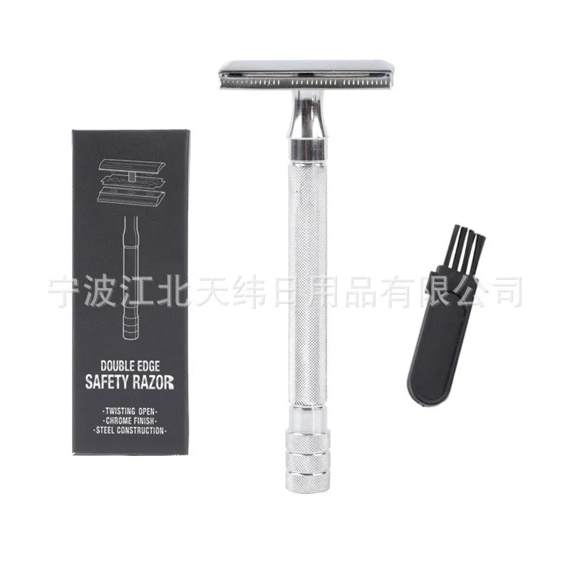 Traditional manual pogonotomy scraper and brush set for wet shaving in black or silver metal finish.