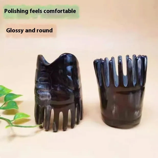 Traditional buffalo horn head meridian massage comb with wide teeth for scalp stimulation