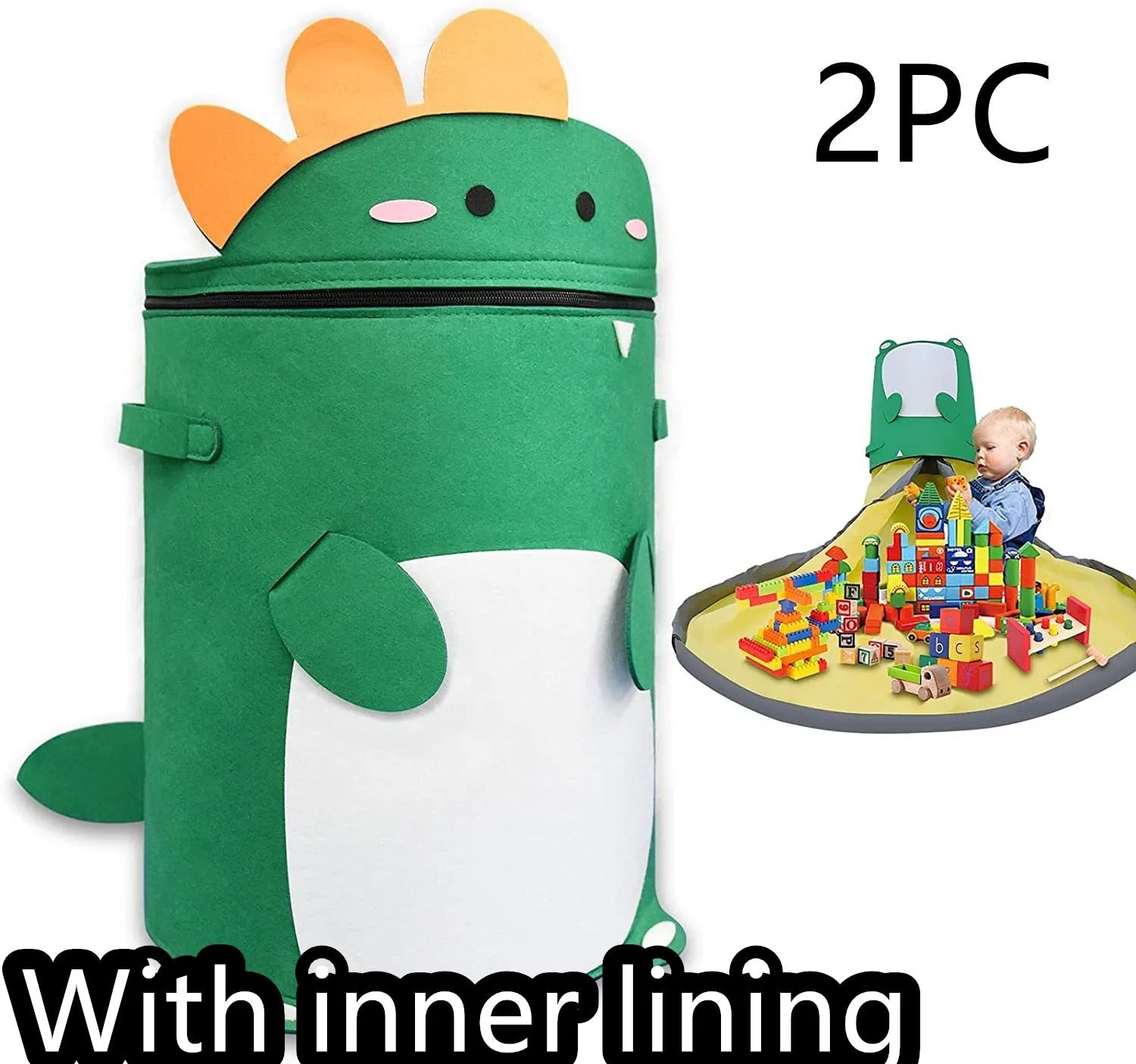 Green felt cube storage bag with pull rope serving as toy organiser and play mat
