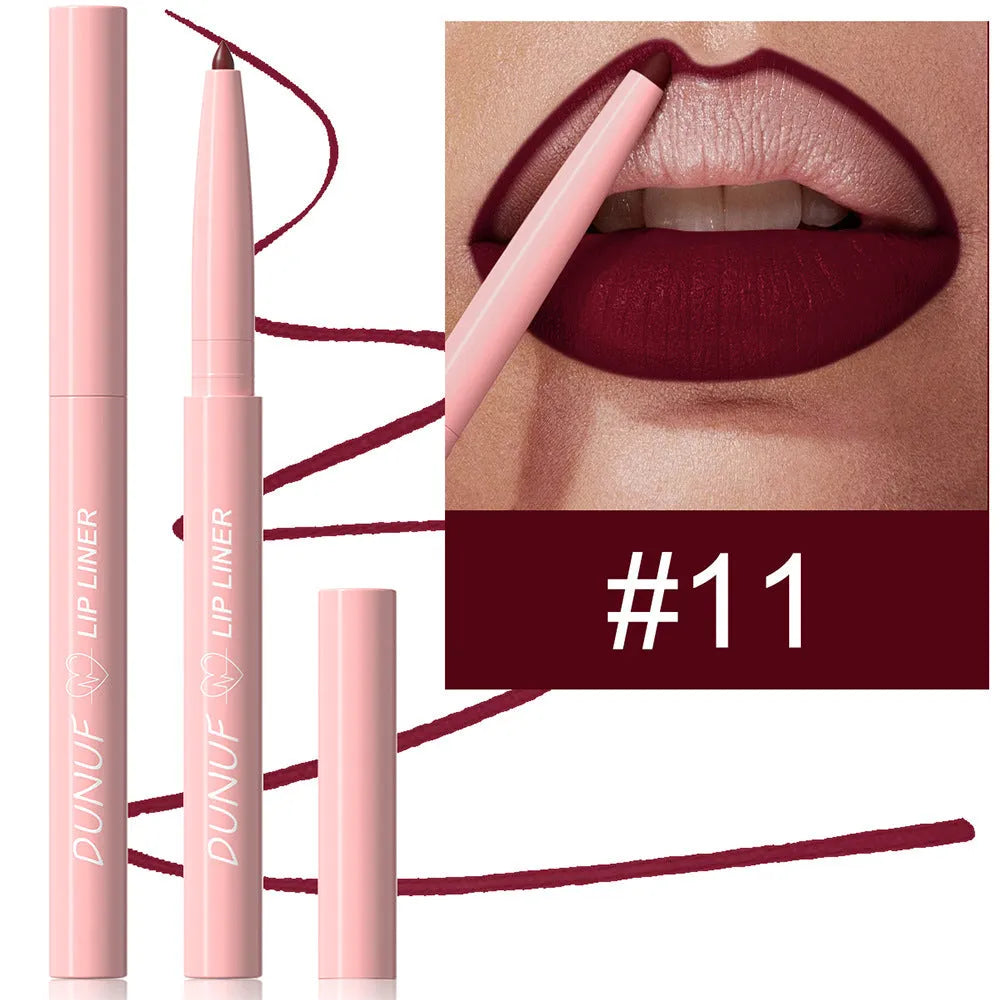 12 Colour Velvet Matte Lip Liner pencil showing range of nude, berry and brown shades.