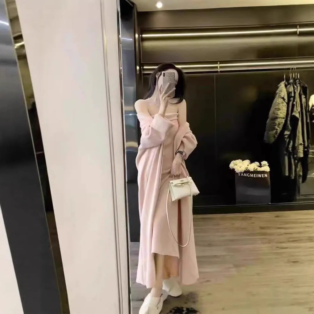 Women's grey knitted cardigan dress suit with matching coat, showing flocked pattern detail.