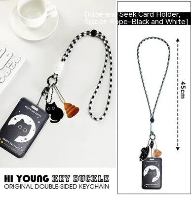 Plastic card holder sleeve with cute little black cat cartoon design and a silver ferrule pendant.