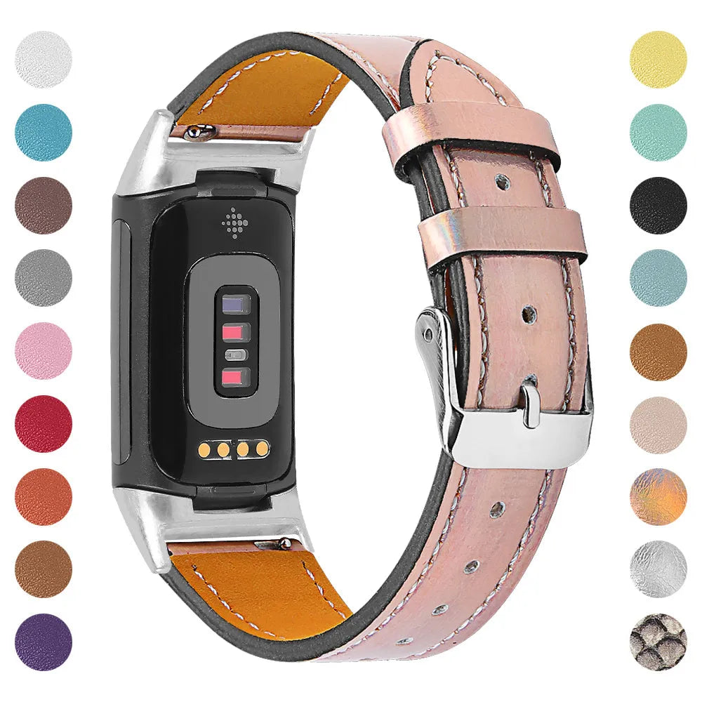 Genuine leather strap for Fitbit Charge 5 and Charge 6 smartwatches in multiple colour options.