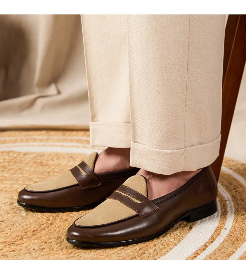 Coffee grey suede leather men's loafers with a slip-on kick closure and rubber sole.