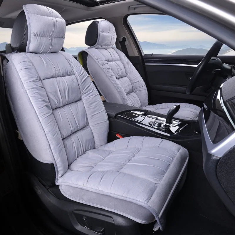 Winter plush car seat cushion showing all-inclusive design on car seat