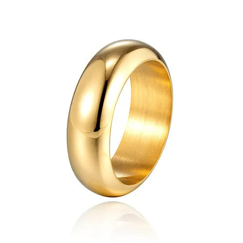 Glossy electroplated titanium steel ring in gold colour on a grey background.