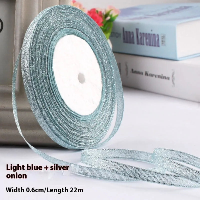 Roll of narrow 0.6cm wide polyester satin ribbon in a choice of colours, showing 22 metre length.