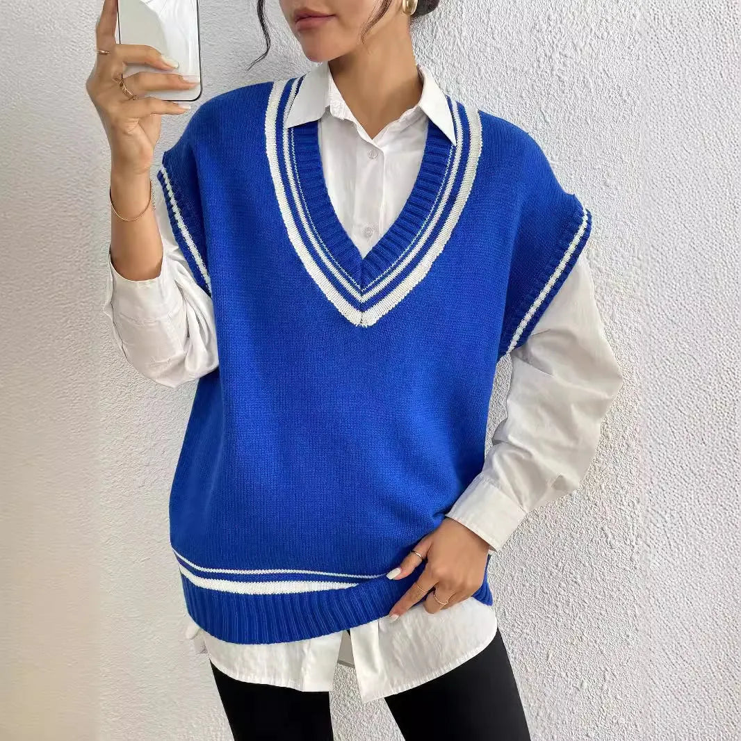 Women's loose college-style acrylic vest sweater in blue, coffee or black colours