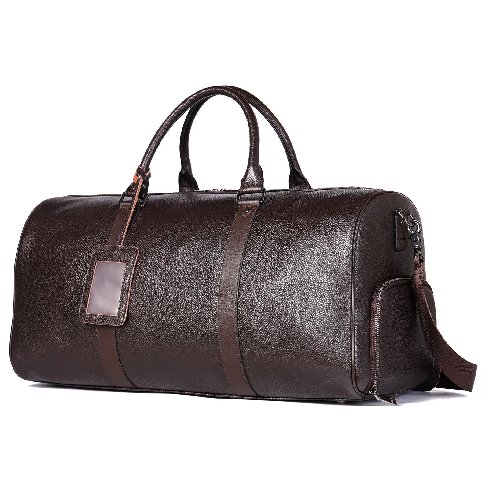 Men's black leather excursion tote bag with single strap showing 55cm large capacity dimensions