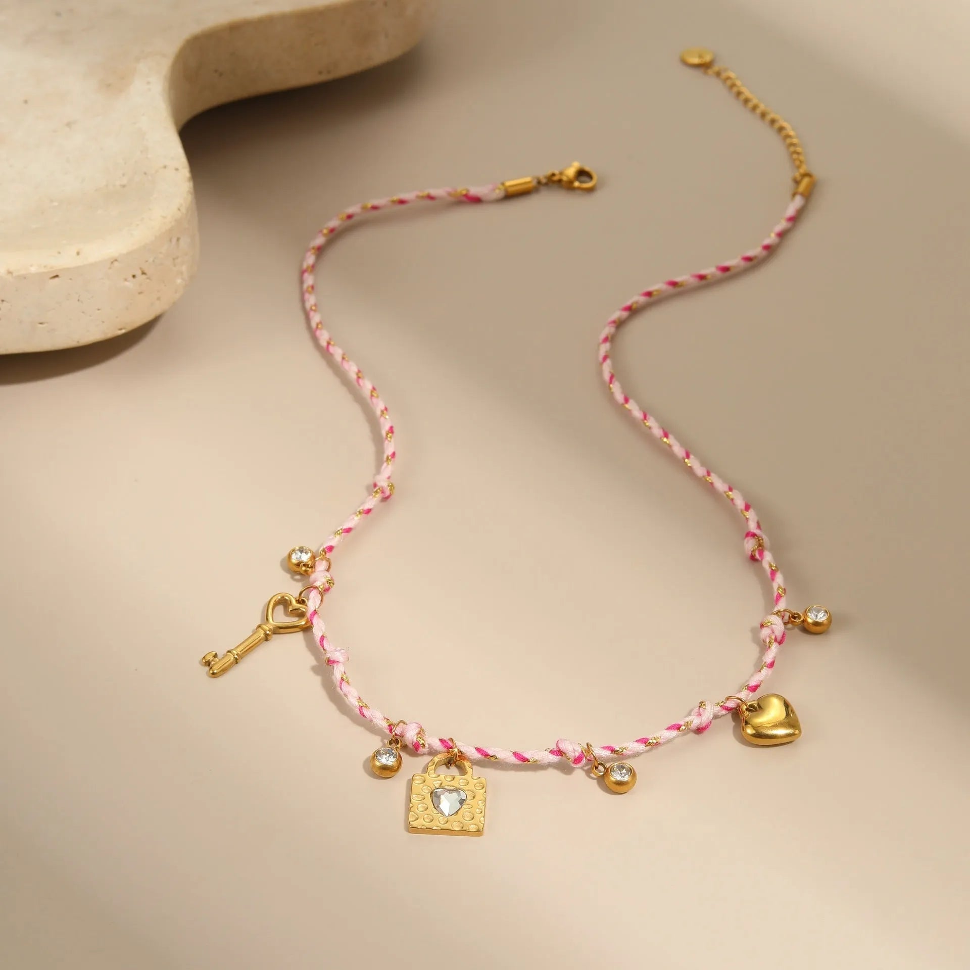 Handmade braided rope necklace and bracelet set with heart pendant in stainless steel