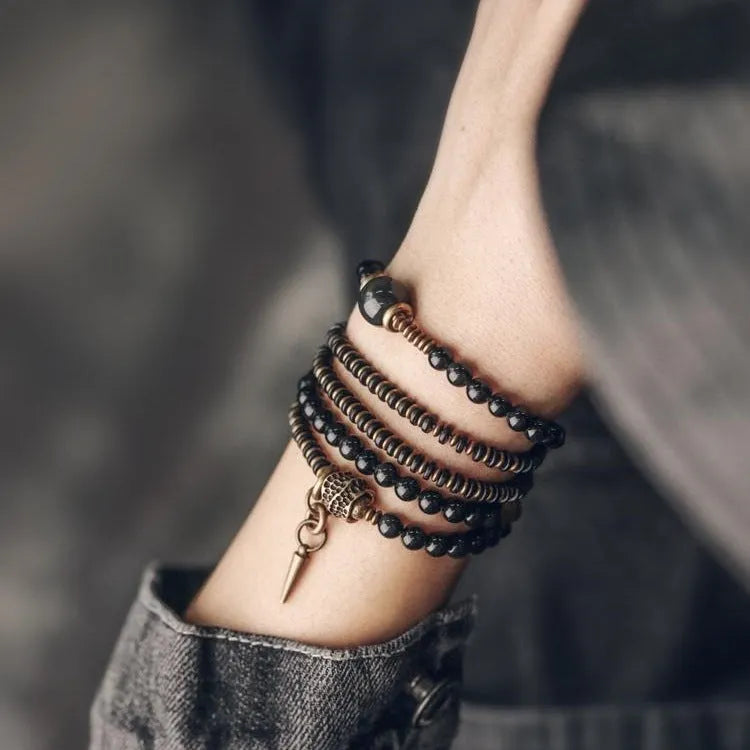Black geometric beaded layered bracelet for unisex wear, natural style