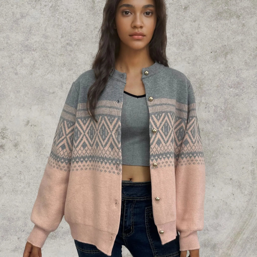 Women's red alpaca wool diamond knit cardigan with contrast colour long sleeves