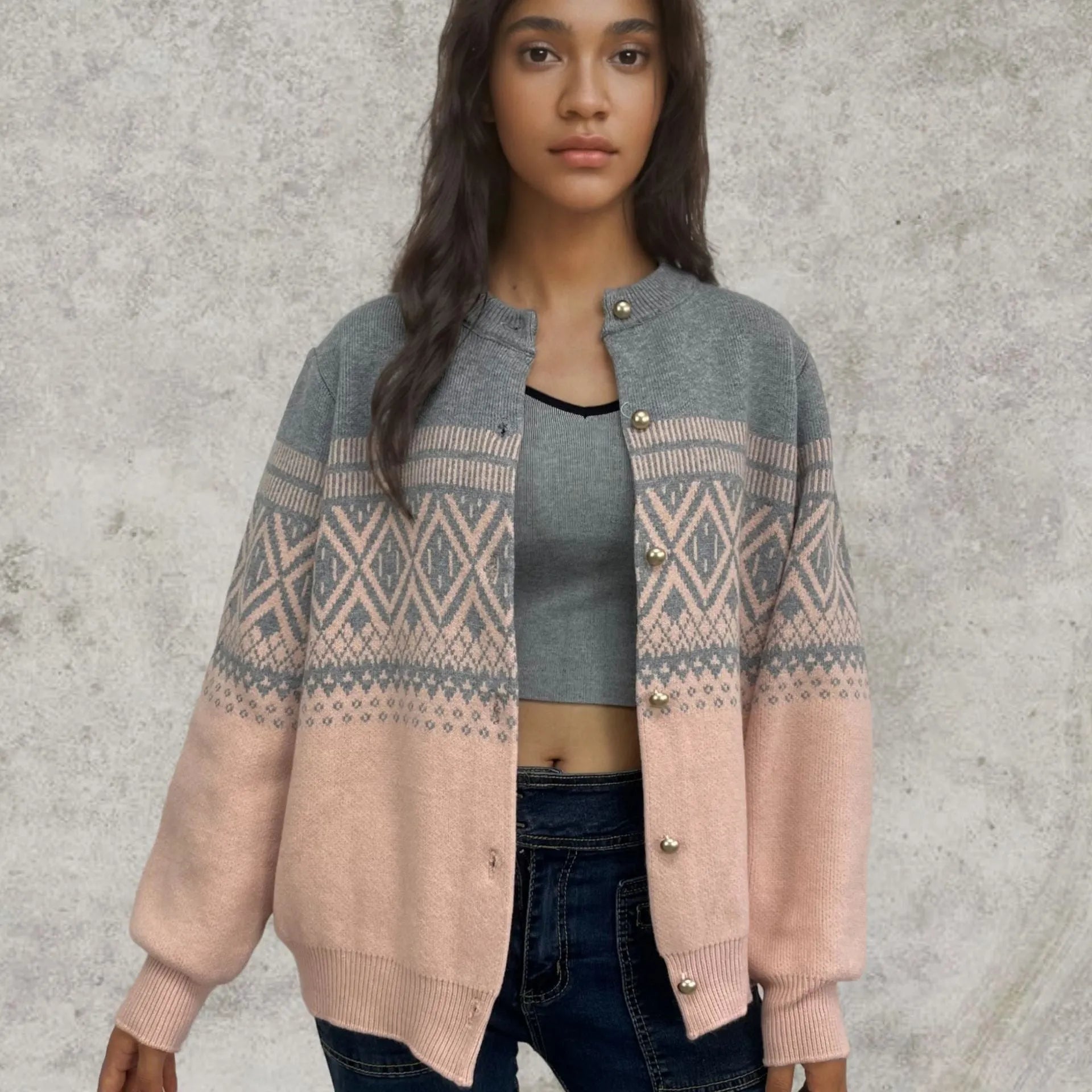 Women's red alpaca wool diamond knit cardigan with contrast colour long sleeves