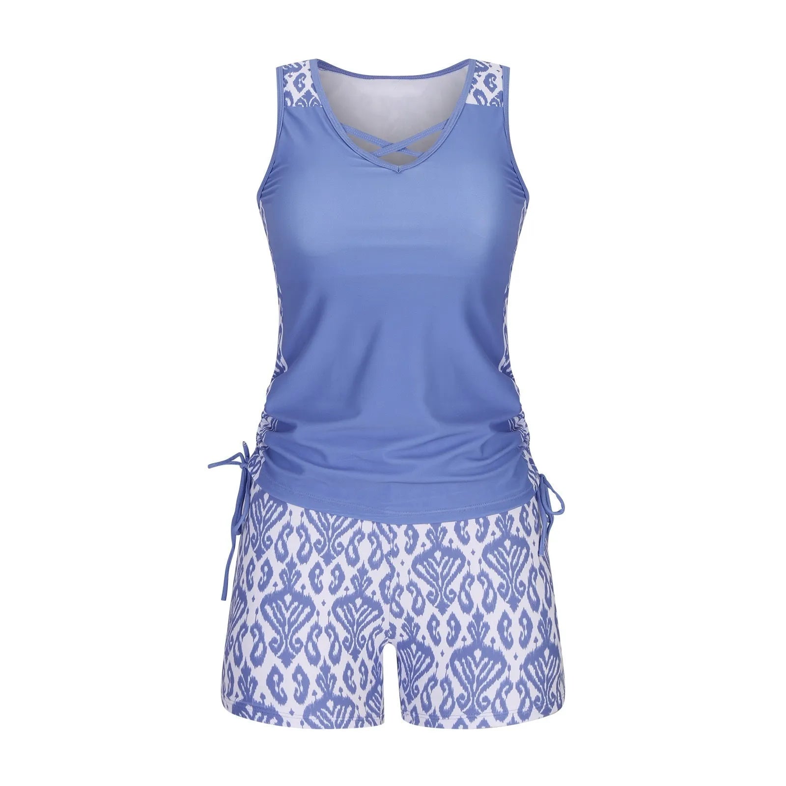 Women's floral printed two-piece swimsuit with sleeveless top and matching shorts in blue or green