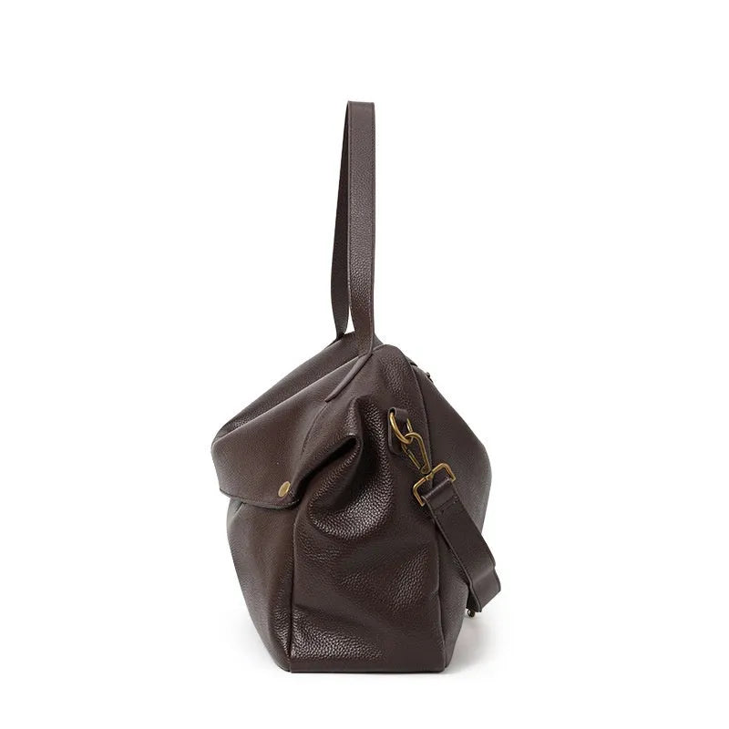 Brown genuine leather women's shoulder bag with horizontal square shape and internal organiser compartment