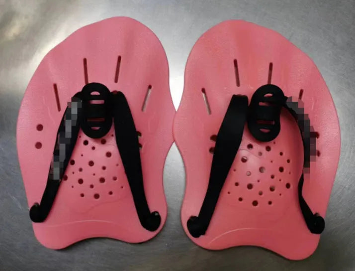 A pair of freestyle swim training paddles with hand webbing in multiple colour options on a blue background.