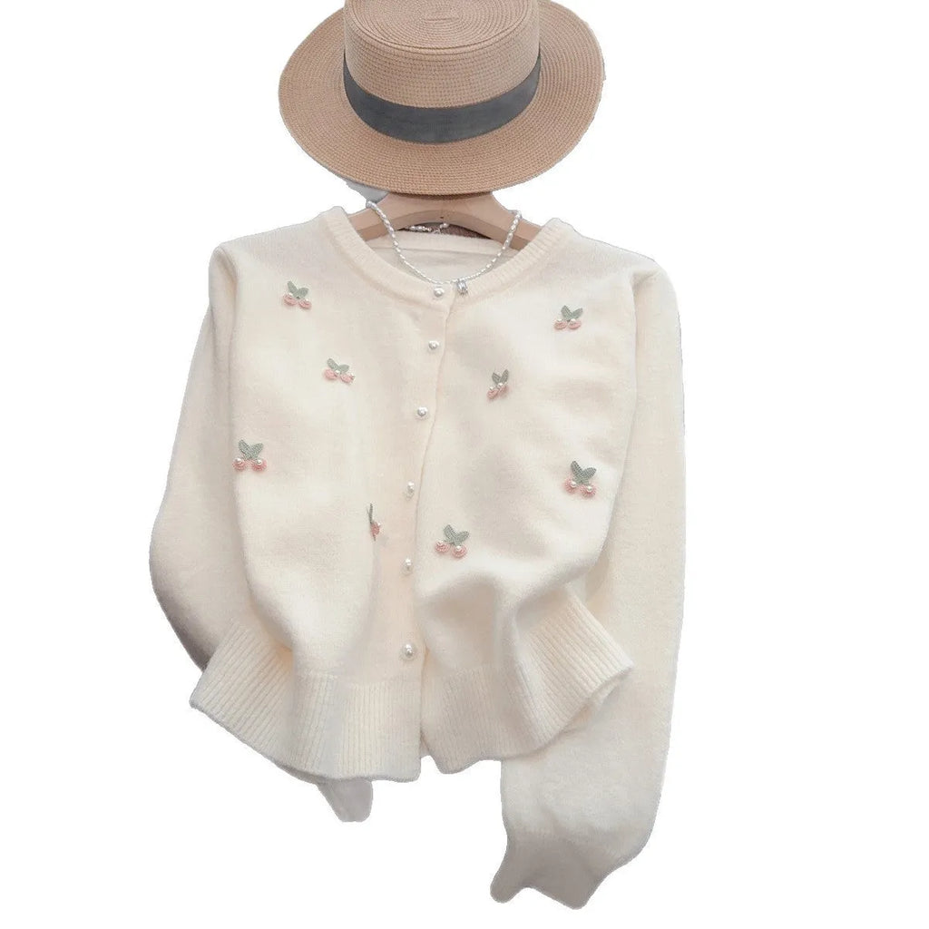 French sweet style cashmere cardigan coat with beaded detail in slim fit free size
