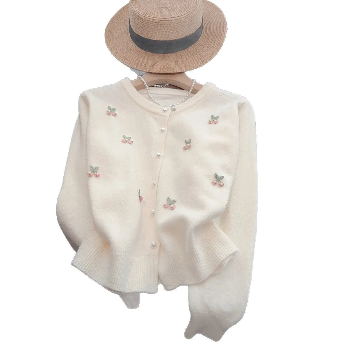 French sweet style cashmere cardigan coat with beaded detail in slim fit free size