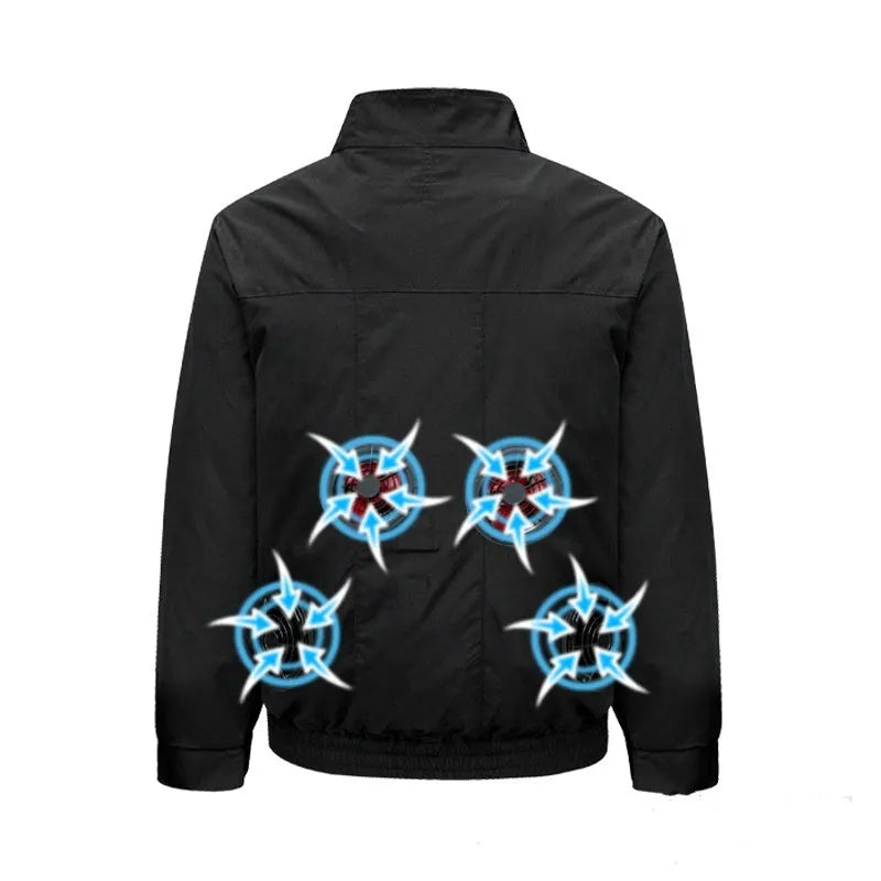 Men's black summer cooling work jacket with integrated fan and multiple ventilation holes on front.