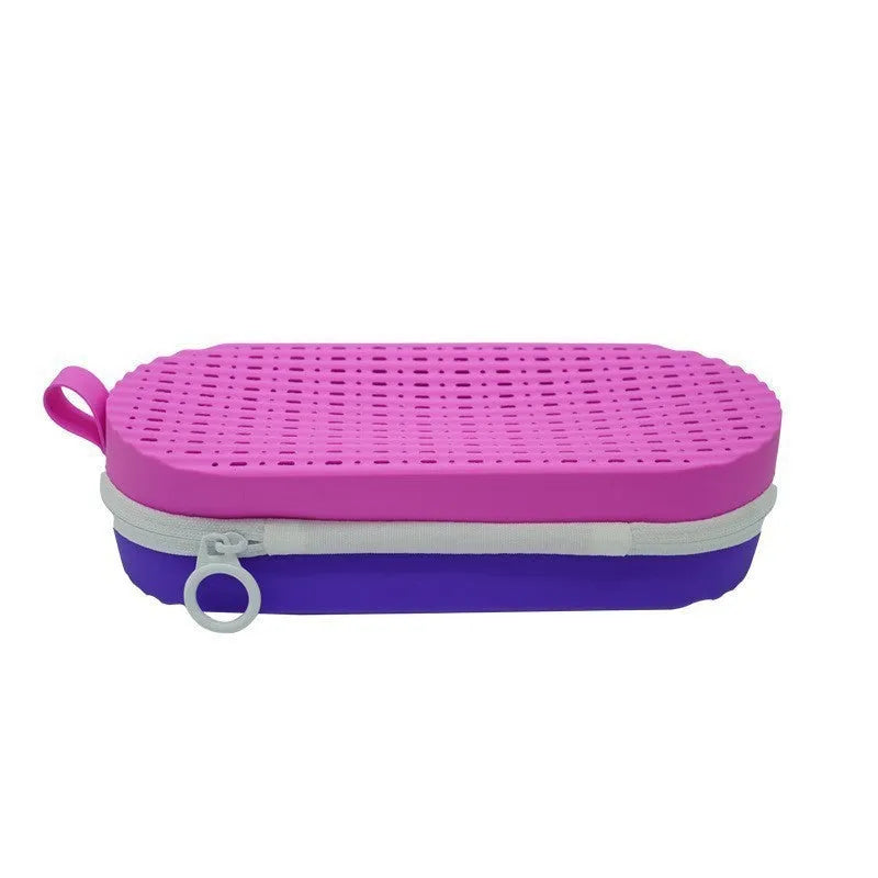 Silicone hard glasses case with a long carry handle shown in rose red light purple colour.