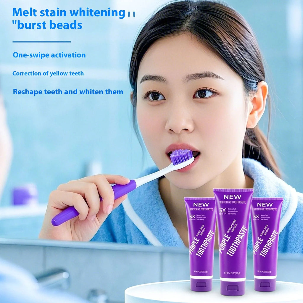 Purple whitening toothpaste tube for adults in 120g and 65g sizes