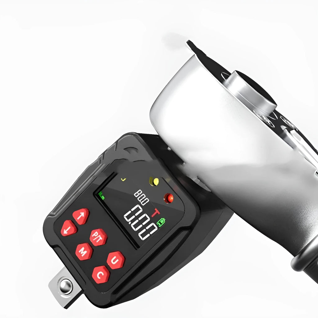 Digital torque meter with 1/2 inch drive head and display, part of a three-piece set.