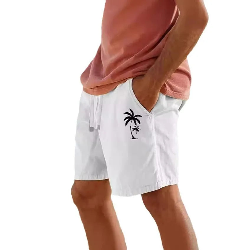Men's cotton blend drawstring elastic shorts in Army Green with a straight leg and heat transfer patch detail.