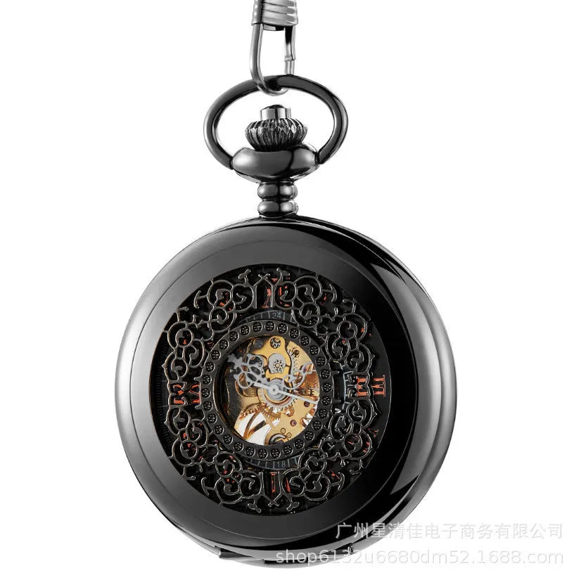 Retro automatic mechanical pocket watch with floral print dial and transparent case back in alloy construction