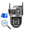 V380 outdoor security camera with solar panel, featuring 10x zoom and 4G connectivity