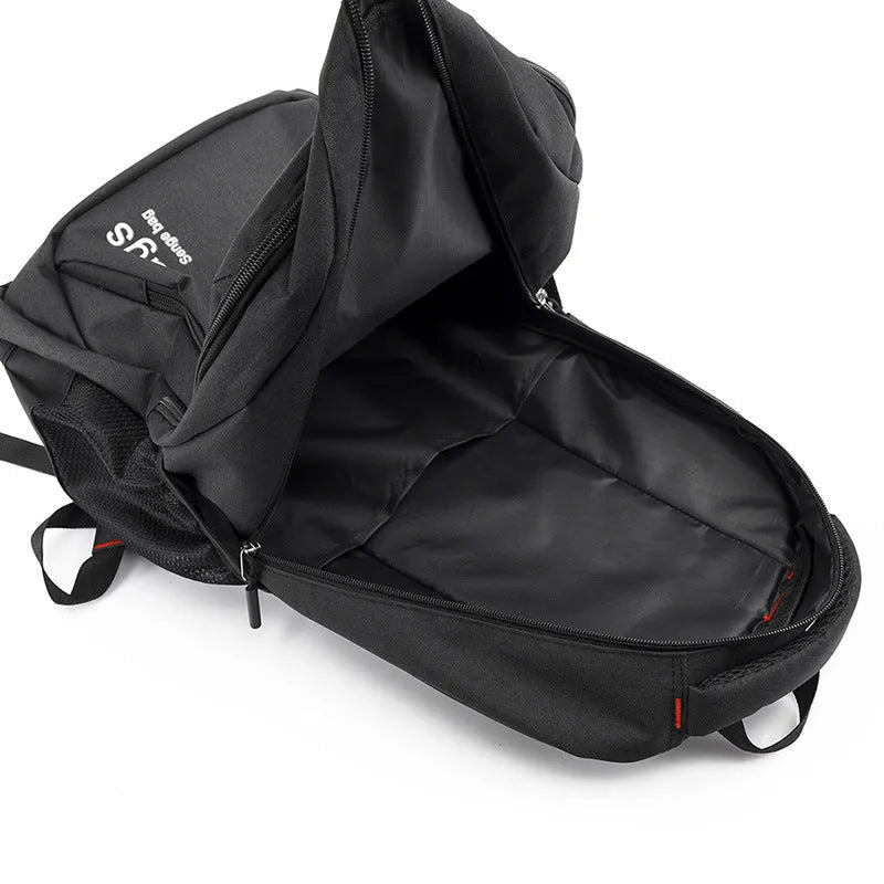 Nylon backpack in four colour options showing multiple compartments including laptop sleeve and breathable shoulder straps