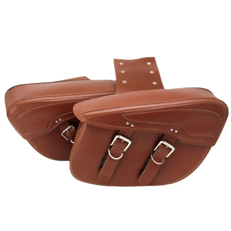 Black retro style PU leather motorcycle saddle bag mounted on a bike side.