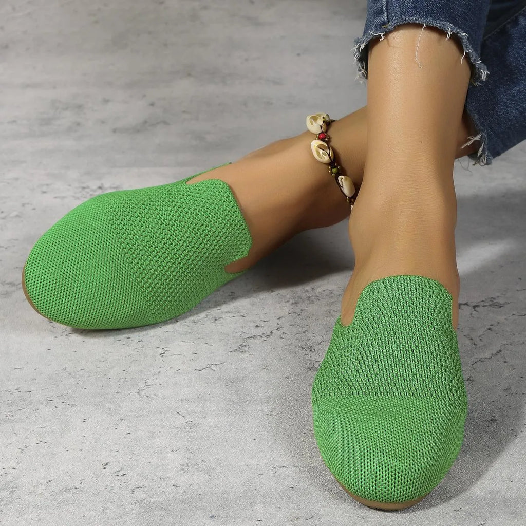 Casual cloth-covered mesh sandals in apricot, blue, or green candy colours with rubber soles.