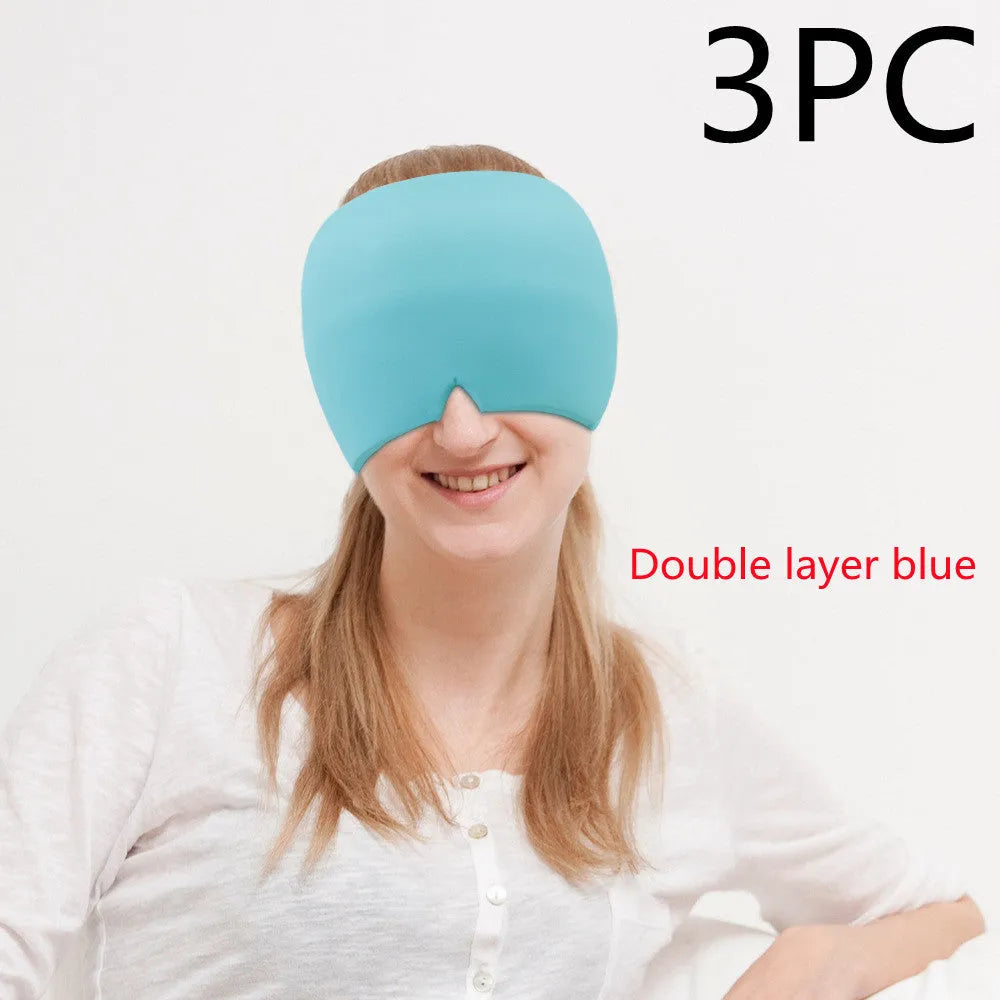Black adjustable cold compress gel eye mask for headache relief on a plain background.