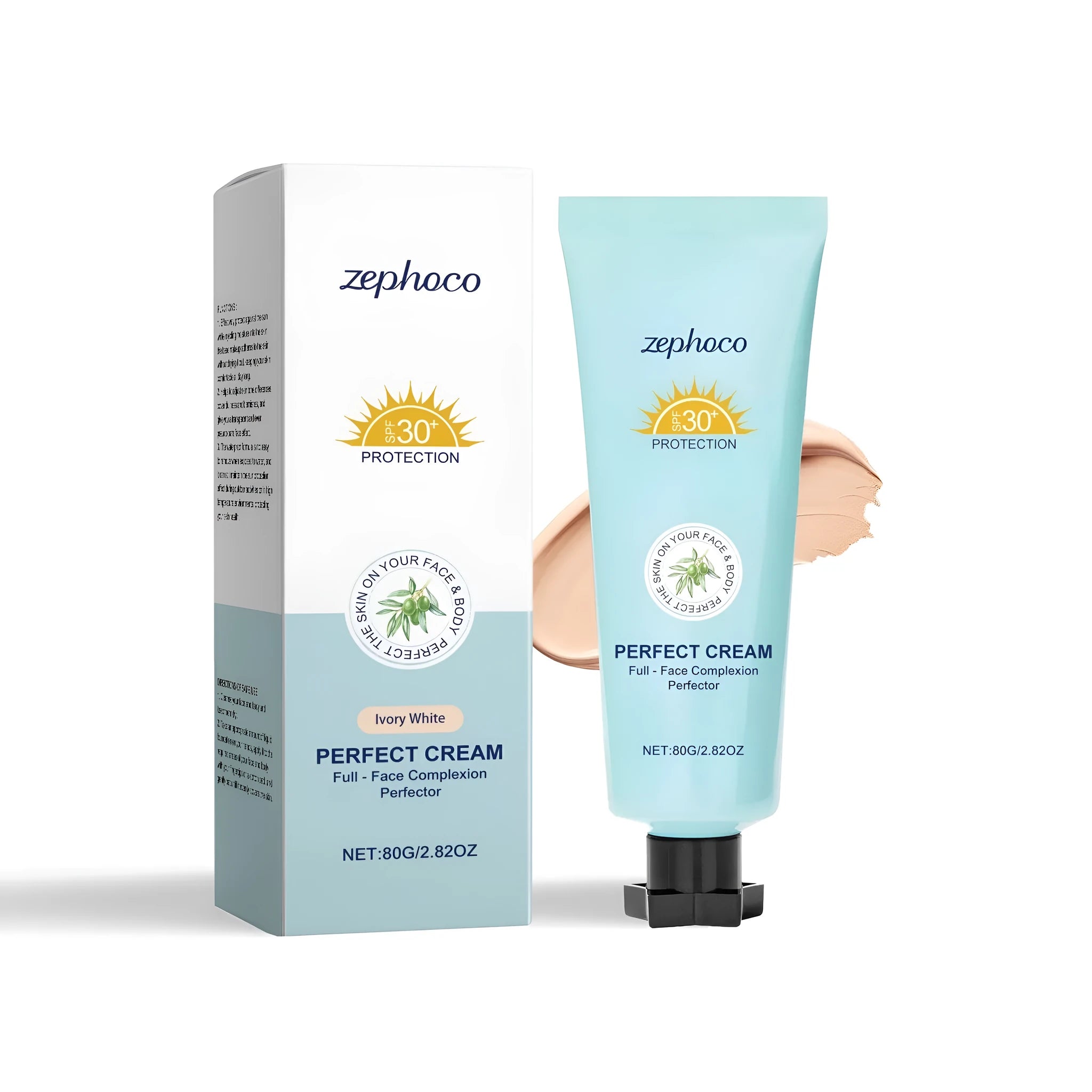 Moisturising liquid foundation sunscreen bottle with makeup applicator in Dark Skin, Ivory White, and Natural Colour options.