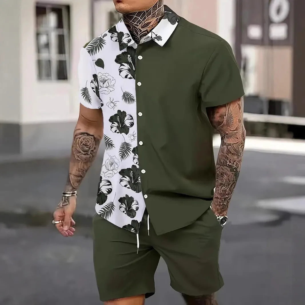 Man wearing a blue Hawaiian 3D printed short sleeve top and matching shorts leisure suit set.