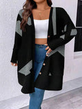 Black loose casual plus size cardigan coat with button stitching detail on polyester fabric